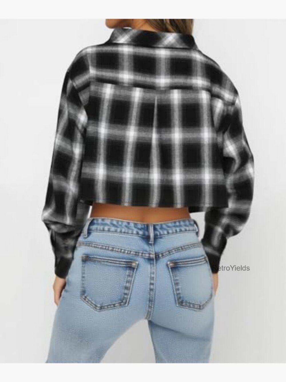 Crop Flannel Button Down Shirt Women Loose Long Sleeve Plaid Blouse - Picture 2 of 6